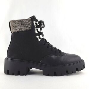 NWT ONLY Women's Betty Faux Leather Lace Up Combat Boots Tweed Trim Black 37